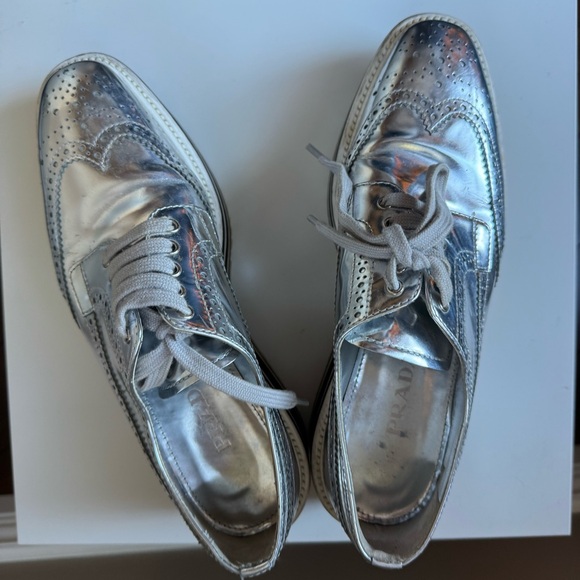 Prada Metallic Silver Leather Platform Brogue Derby Oxfords 23cm Cyberpunk Space - Picture 4 of 11